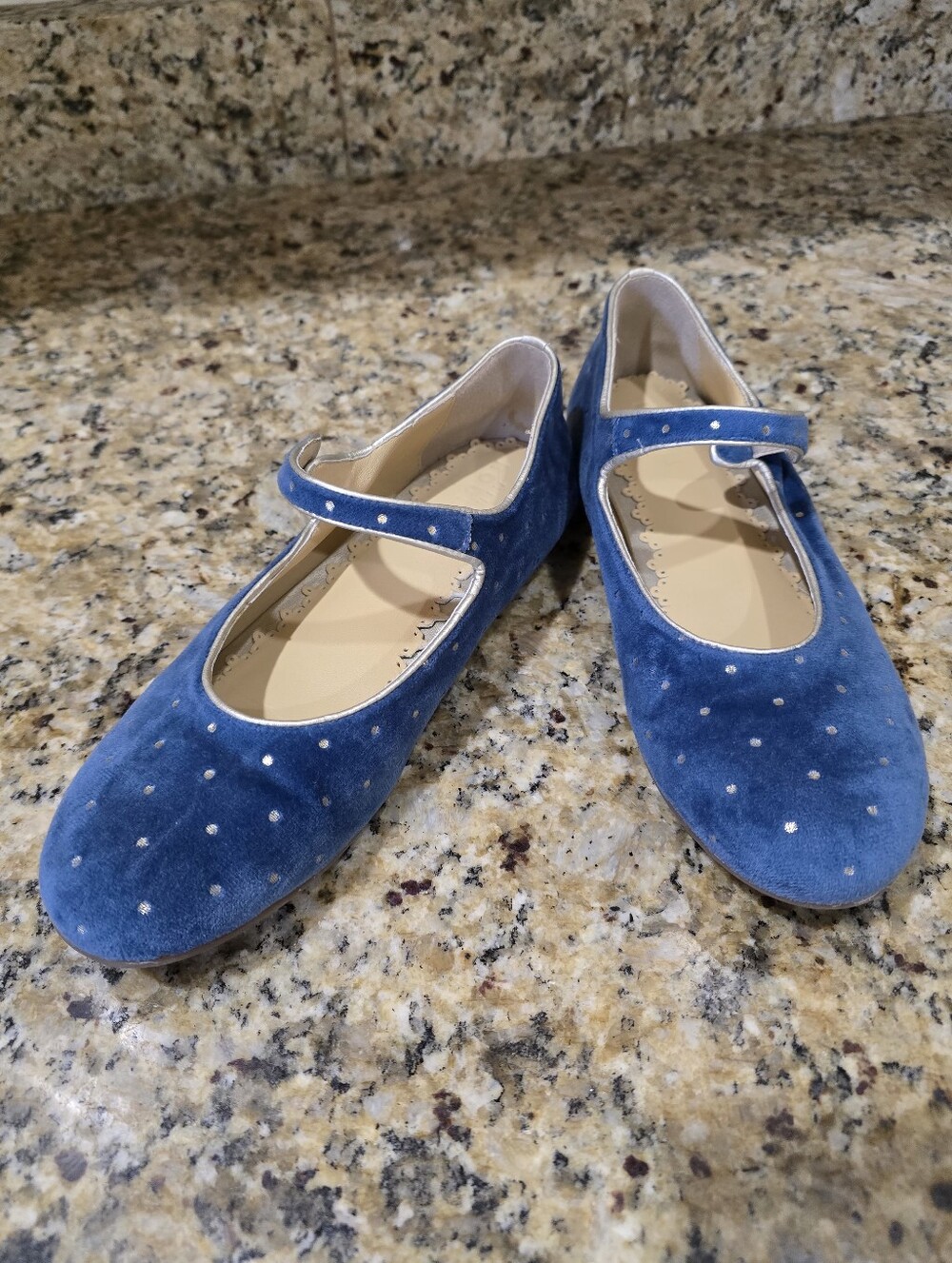 Mini Boden Blue Velvet Polka Dot Mary Jane Flats Size 37 (5.5)